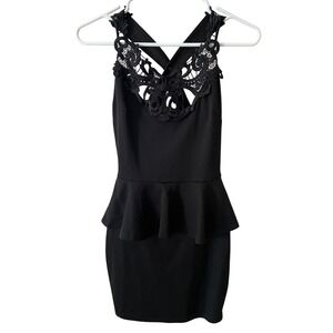 Charlotte Russe Black Peplum Mini Dress Lace Neckline Cross Back X1398 Small